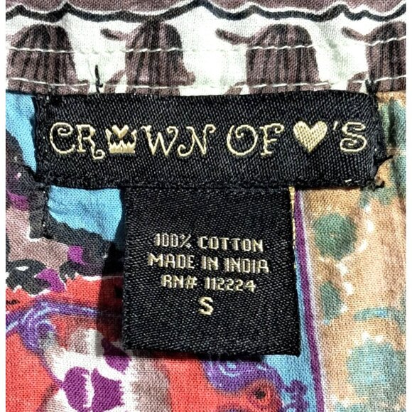 Crown of Hearts Shirt Womens Size S Top Boho Patchwork Button Down Collared Adj - Picture 16 of 16